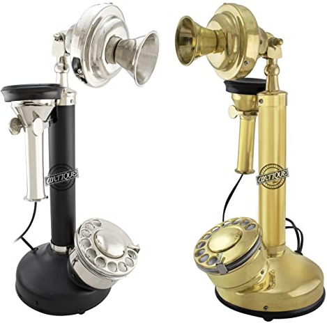 Old London Telephones Combo 1930er Nachbildung realistisches Modell aus Messing Kerzenständer Telefon Drehzifferblatt mit Draht RJ11 Anschluss TischplatteSchreibtischplatteRegale, dekoratives