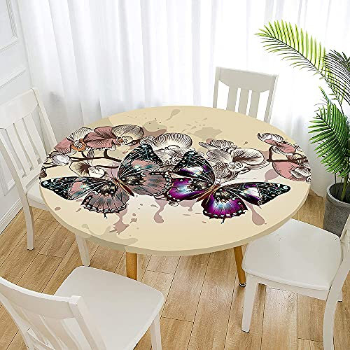 Morbuy Tischdecke Elastisch, Schmetterling Drucken Rund Tischdecken Wasserdicht Lotuseffekt Abwaschbar Abwischbar Tischtuch für Dekoration Küchentisch Garten Outdoor (Durchmesser 180cm,Beige)