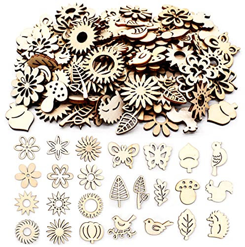 Jicyor Holzblume und Blatt,150 Stück DIY Holz Blumen Scheiben Naturholz Scheiben Streudeko Geeignet für Hochzeitsdekorationen Christbaumschmuck Kunsthandwerk Sammelalben Personalisierte Projekte