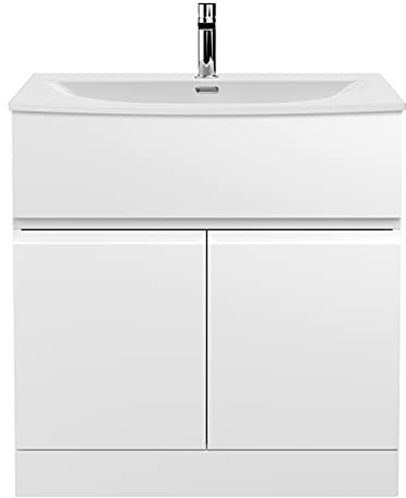 Hudson Reed URB105G Urban Modern Bathroom Floor Standing 2 Soft Close Doors and 1 Drawer Vanity Unit with Round Ceramic Basin with 30mm Profile, 800mm, Satin White