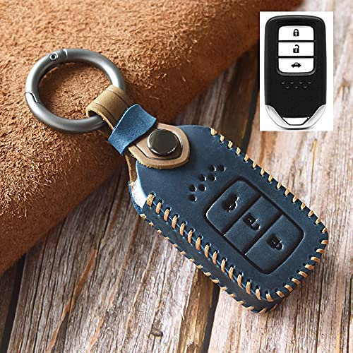 HIBEYO Coque de clé de Voiture Intelligente Compatible avec Honda CR-V Jazz Civic HR-V avec Porte-clés en Cuir Bleu à 3 Boutons