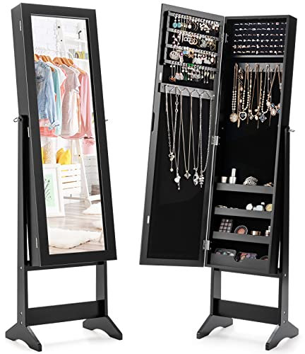 RELAX4LIFE Armoire à Bijoux sur Pieds avec Miroir Pleine Longueur HD 4 Angles Réglables, Armoire à Bijoux avec Grand Espace de Rangement pour Chambre, Vestiaire, Salle de Bain (Noir)