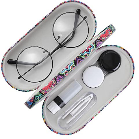 MoKo Estuche de Gafas de Doble Cara, 2 en 1 Caja Portátil de Lente de Contacto, Funda de Anteojos de PU Impermeable Ideal para Gafas, Gafas de Lectura, Lentes de Contacto, Mandala Rombo
