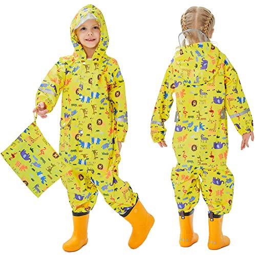 Fewlby Tuta Impermeabile Bambini Tuta Pioggia Bambina Antipioggia con Cappuccio Poncho Impermeabile Ragazze Ragazzi Giacche da Pioggia con Cappello Trasparente per 2-5 Anni