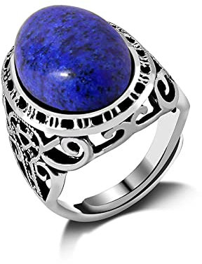 ASDFY Natürlicher Blauer Lapislazuli-Ring Kristall Breiter Runder Ring Verstellbarer Offener Stein Der Frauen Ringe Reiki-Balance Knöchel-Finger-Ringe Ewigkeitsring Für Frauen, Mädchen, Männer