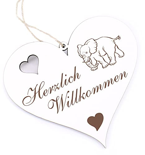 Herzlich Willkommen Schild - laufender Elefant - Deko Herz Holz Willkommensschild Türschild Dekoschild Türdeko