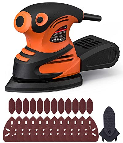 DWT Detail Sander, 1.5A 15000 OPM Electric Sander with 24pcs Sandpapers, Efficient Dust Collection System & Detail Finger Attachment, Soft Grip Handle, Compact Hand Sander for Woodworking