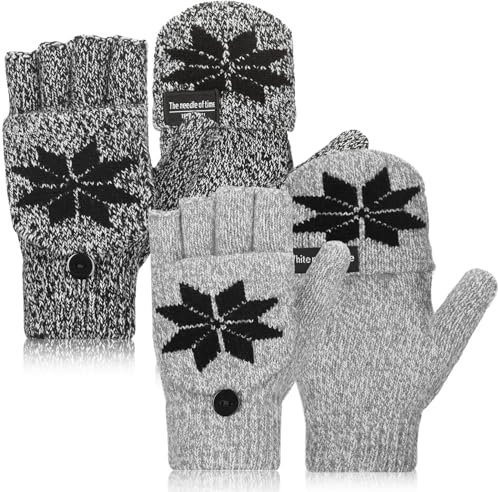 SATINIOR 2 Paar Wandelbare Damen Fingerlose Handschuhe Gestrickte Thermo Halbfinger Fäustlinge mit Schneeflocken (Schwarz, Grau)