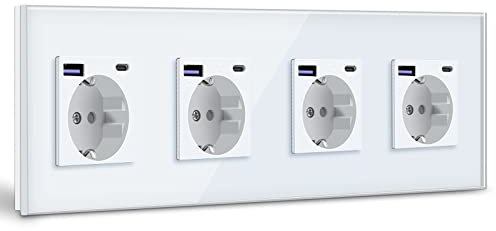BSEED Schuko Steckdose mit USB C 20W Schnellladegerät USB Type C Wandsteckdose mit Glas Panel, 4 Fach Steckdose, USB Steckdose Unterputz, Einbausteckdose Geeignet für Phone, Pad, MP3 und mehr-Weiß