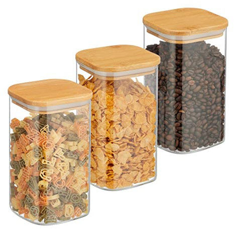 Relaxdays Vorratsgläser mit Bambusdeckel, 3er Set, eckige Vorratsdosen aus Glas, 1200 ml, luftdicht, transparent/natur