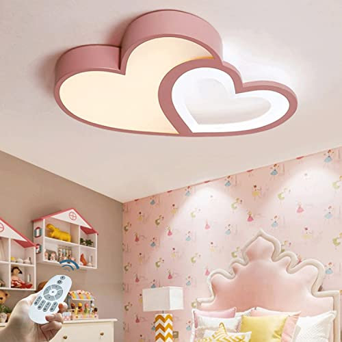LED Kinder Deckenleuchte Cartoon Baby Deckenlampe Rosa Herzform Acryl Lampenschirm DekoLicht Für Kinderzimmerlampe Dimmbar Mit Fernbedienung 3000-6500K Jungen Mädchen Schlafzimmer Kronleuchter 55cm