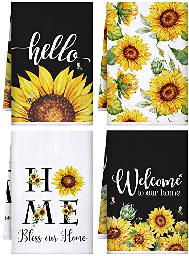 Bencailor Sonnenblumen-Küchentücher, Sommer, Meer, Strand, Blume, Kuh, Küchen-Geschirrtücher, schnell trocknend, Küchendekoration zum Kochen (Gelb, Biene), 4 Stück