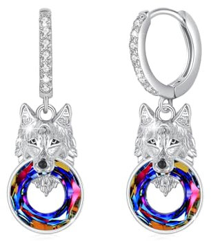 MEDWISE Wolf Ohrringe Mädchen 925 Sterling Silber Wolf Kleine Creolen Ohrringe Tropfen Kristall Ohrringe Tier Ohrringe Wolf Schmuck für Mutter Mädchen Damen Teenager Geburtstag Geschenk Valentinstag