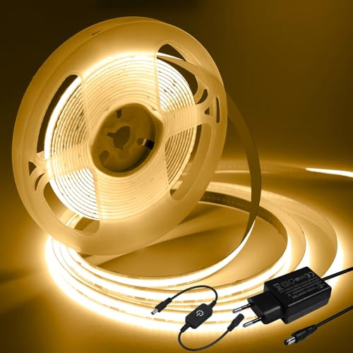 iNextStation Strascia LED COB 5M Bianco Caldo, 12V Strisce LED Dimmerabile | CRI93+, Tagliabili Adesive Luci Luminosa per Scrivania Cucina Camera Retroilluminazione TV Pasqua Decorare con Alimentatore