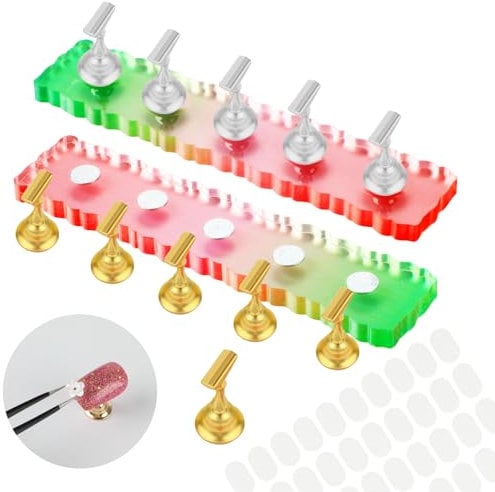 Prasacco 2 Sets Nail Stand for Press on, Colorful Nail Holder for Painting Magnetic Nails Display Practice DIY Nail Display Stand with 2 Sheets Adhesive Tabs Nail Art Tools for Home Beginner Salon