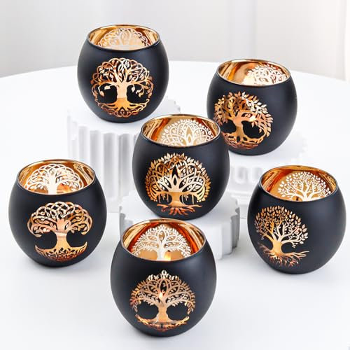 SHMILMH Schwarz-goldene Votivkerzenhalter, 6 Stück, Baum des Lebens, Glas-Teelichthalter, Hochzeitsdekorationen für Empfang, Geburtstagsfeier, Babyparty, Brautparty, Tischdekoration, Tischdekoration