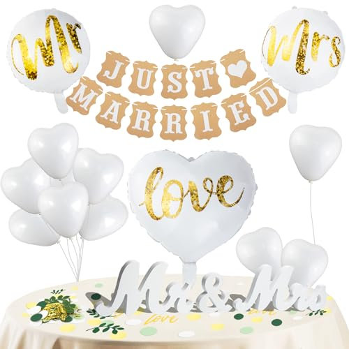 Qcdou Mr & Mrs Hochzeit Dekoration - 100 Stück Gold Grün Konfetti, Just Married Girlande, Salbei Tischdeko, Buchstaben Folienballon - Standesamt Deko