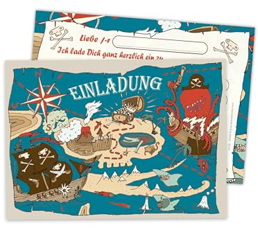 Limonia 12 Einladungskarten zum Kindergeburtstag Motto Feier Fest Einladung Set Geburtstag Mädchen Kinder Jungs Jungen Boys Teenies Unisex Piraten Schatz Abenteuer Erlebnis Piratenschiff
