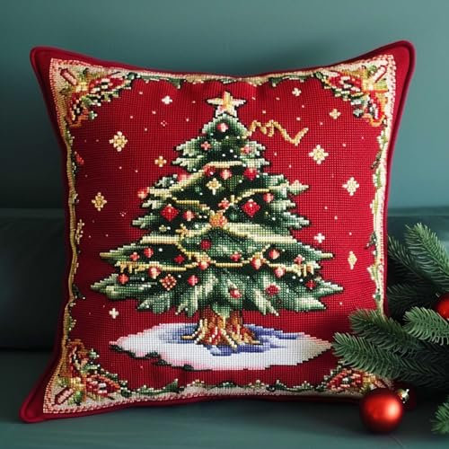 RKFLGEW Latch Hook Kits Christmas Tree Latch Hook Cushion Kit,DIY Pillow Cover Making Craft Printed Canvas for Beginners Embroidery Crafting Pillowat De Broderie 43x43cm