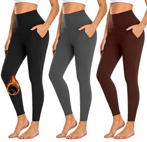 FuelMeFoot 3er Pack Thermo Leggings mit Taschen gefüttert Leggings Damen High Waist Leggins Warm Winter. 04-Schwarz/Dunkelgrau/Weinrot L/XL