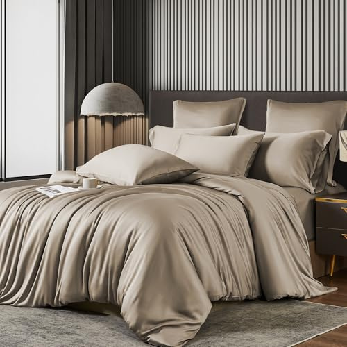 Luowei Bambus Bettwäsche 135x200 cm Sommer Kühlend & Atmungsaktiv, Khaki | 100% Bambus Lyocell Bettwäsche Set, 2-teilig, Seidig Weich OEKO-TEX Bettbezug mit Reißverschluss und Kissenbezug 80x80 cm