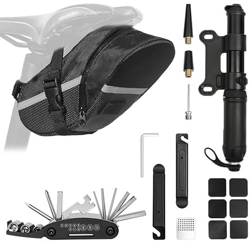 Bicycle Seat Bag Water Proof with Bike Tool Kit, Bike Repair Kit with Bike Tire Pump Bicycle Repair Bag Portable Wrenches Glueless Tire Patchs 15 in 1