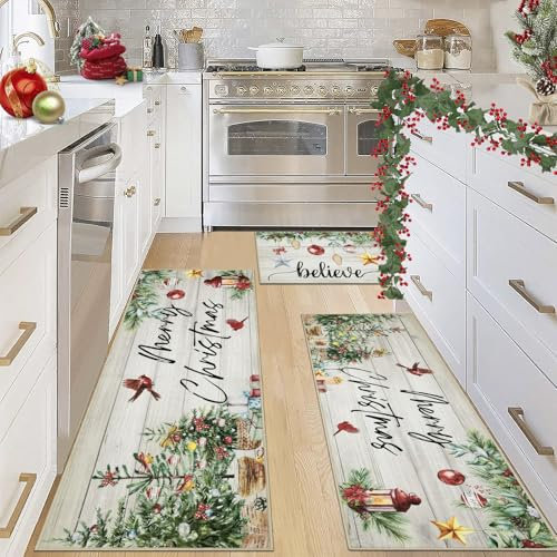 Ileading Weihnachtliche Küchenteppich-Sets mit Aufschrift Merry Christmas, rutschfest, waschbar, Läufer für den Winter, Urlaub, Dekoration, Bauernhaus-Teppich für Waschbecken, Waschküche, Flur,