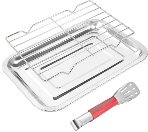 Bandeja Horno Universal Bandeja de Horno Bandeja Horno Acero Inoxidable con Rejilla y Pinzas de Cocina Bandejas Horno para Hornear Asar y Servir (27 x 20 x 2 cm)