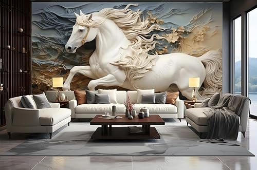 ZYHFDC Papier Peint Panoramique Relief en plâtre du cheval blanc Tableaux Muraux Tapisserie Photo Décoration Murale Salon Chambre 400CM(L)*280CM(H)