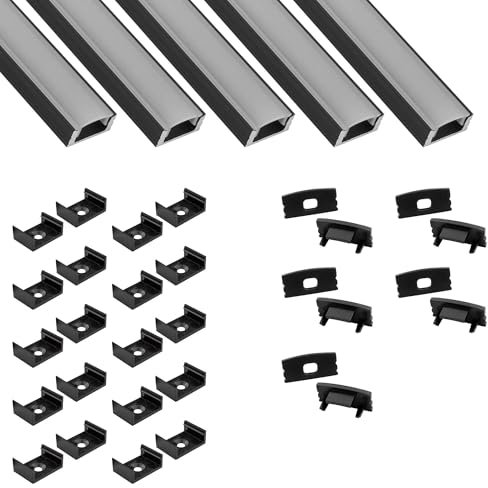 tktrading24 5x A17 LED Profil 2m - Schwarz + Abdeckung opal, Halter & Endkappen