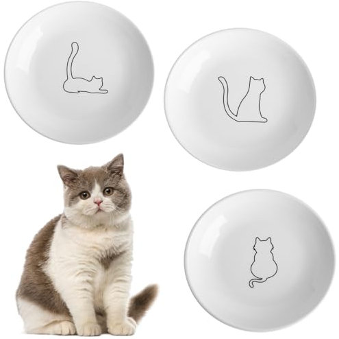 OUOQI 3 Piezas Comedero para Gatos,Gatos de Cerámica,Ceramica Cuenco Gato,Plato Comida Gato Plano,Cuencos para Gatos,Comedero Perro Gato,Cuenco Plano para Gatos,para Gatos Pequeños y Perro