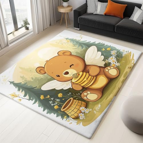 Teppich 60 x 120 cm Fußmatte Rutschfester Großflächiger Teppich Zuhause Wohnzimmer Schlafzimmer Niedliche Biene Der Karikatur Muster Deko Kinderzimmer, Weich Kurzflor & Waschbar, Braun Gelb