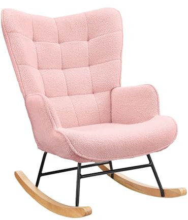 Mutuolux Schaukelstuhl, Stillstuhl, modern, aus Stoff, Wolleffekt, Teddybär, mit Beinen aus massivem Gummibaumholz, Schaukelstuhl für Schlafzimmer, Wohnzimmer – 53 x 75 x 93 cm, Rosa