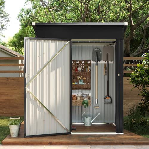 Aoxun 5x3ft Metal Garden Shed, Sheds and Outdoor Storage, Galvanized Waterproof Strong Reinforced Roof, with Lockable Doors & Slooping Roof for Backyard, Patio, Black