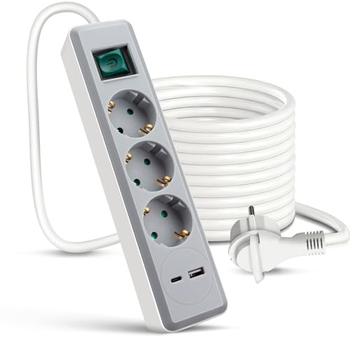 EXTRASTAR 3 Fach Flachstecker Steckdosenleiste mit USB C (PD 20W) & USB A | Mehrfachsteckdose Flacher Stecker mit Schalter & Kindersicherung, 3M Kabel 3G1.5mm², Grau + Weiß