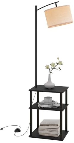 Fullwatt Stehlampe mit Holzregal Innenbeleuchtung Holz Stehleuchte mit Regalen für Schlafzimmer und Wohnzimmer Beige