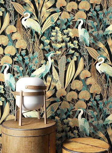 Newroom Vliestapete Schwarz Dschungel Tropisch Tapete Wohnzimmer | Dschungelmotiv mit Reihern und Palmenblättern, mattes Finish, Boho Stil, Mustertapete für Schlafzimmer, Flur und Büro