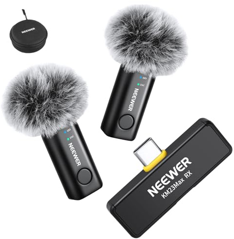 NEEWER Kabelloses Lavalier Mikrofon, 48kHz/24Bit, 8 Std. Akku, Geräuschunterdrückung, omnidirektionales Mini USB C Ansteckmikrofon kompatibel mit DJI Insta360 iPhone Android Phone PC (1x RX + 2X TX)