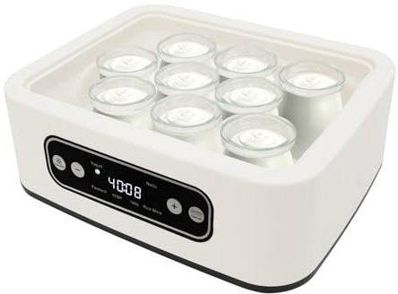 Yaourtière avec 9 verres/couvercles de 100 ml, affichage numérique LED, 21-45 °C, pour la fermentation, la fabrication de yaourts, de natto et de vin de riz.