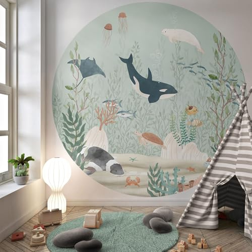 Selbstklebende Fototapete Kinderzimmer, rund, Ø100cm | runde Fototapete selbstklebend (Oliver Robins - Meerestiere tief im Ozean)