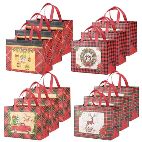 Christmas Tote Bags - Shopping Wrapping Bags for Party Favors Chocolate Candy Food Toys Stuffers Reliable Choice for Various Uses. | 12 Pieces Winter Holiday Wrapping Sacks