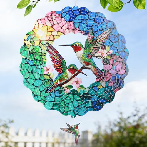 Kolibri Wind‑Spinner aus Metall, 3D‑Optik hängende | Wetterfest, perfekt für Garten, Balkon, Terrasse, Baum‑ & Zaundekoration im Außenbereich