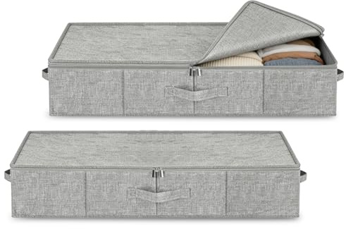 2 Stück unterbett aufbewahrungsbox 12cm Hoch Unterbettkommode Faltbarer Unterbettbox Stoff Bettkasten Organizer mit Deckel mit 3 Griffen Doppelreißverschluss Für Decken Kleidung Steppdecken Spielzeug