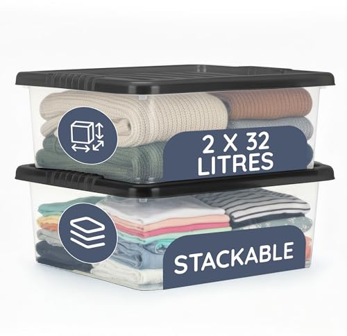 Niftii Underbed Storage Boxes with Lids 32L – 2 Pack Clear Plastic Storage Containers, Stackable Storage Boxes for Clothes, Shoes, Bedding, Wardrobe & Home Organisation