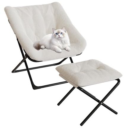 TUFSPRAX Grand Confort et Rangement Pratique – Fauteuil Lune Pliant avec Repose-Pieds, Fausse Fourrure Ultra Douce, Cadre métallique Robuste, Chaise Lecture pour Salon, Chambre, dortoir – Beige avec