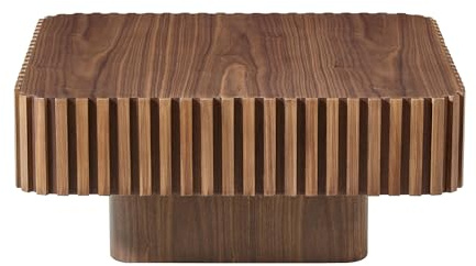 Square Fluted Coffee Table, Modern Ribbed Center Table with Solid Wood Stripe Accent, MDF with Wood Veneer Construction, Contemporary Accent Table for Living Room, Bedroom, and Office (Walnut Color)