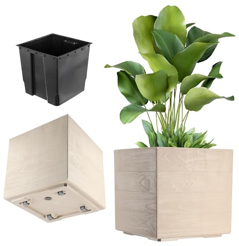 KADAX - Pot de fleurs sur roulettes, 39 x 40 cm, grand pot de fleurs en plastique imitation bois, pot carré avec insert pour intérieur et extérieur (Crème)