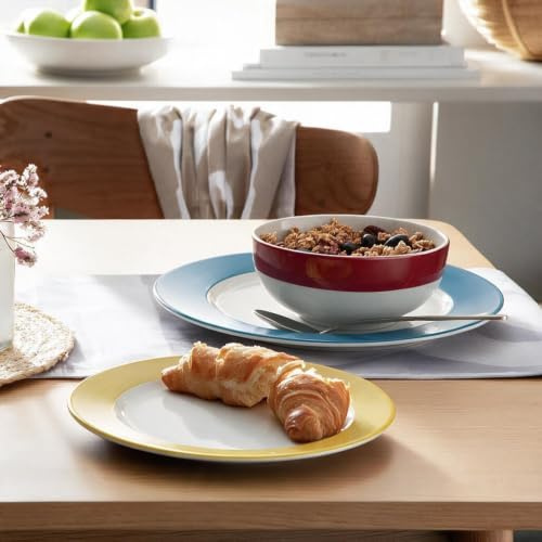 Waterside 12pc Colour Band Porcelain Dinner Set | 4 Dinner Plates, 4 Side Plates, 4 Deep Bowls, Dishwasher & Microwave Safe