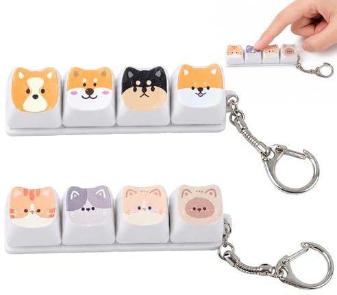 Keyboard Clicker Fidget, Clicker Fidget, 2 Pcs Adult Fidget Clicker Keychain with 4 Keycaps, Cute Cat Stress Relief Click Fidget, Desk Travel Home Essential