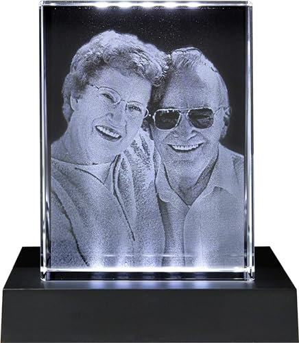 Galerie Kristall Massiver selbststehender Glas-Frame mit Wunsch-Foto und Wunsch-Text (80 x 105 x 30 mm, Hochformat, mit Lichtsockel)